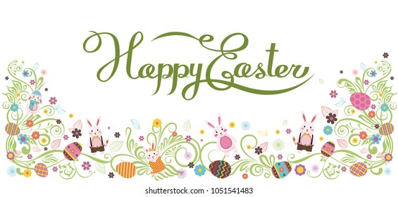 Stock vector isolated banner inscription, hand lettering, calligraphy, typography Happy Easter bunny, rabbit, hare, lapin, colored Easter eggs, spring decoration flower element design white background