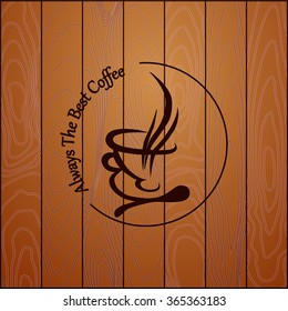 stock vector isolated coffee cup on the wood background. label