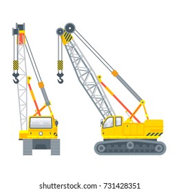Stock vector isolated construction or assembly crawler crane illustration side view and front view, transportation and moving business building materials, design element in flat style white background