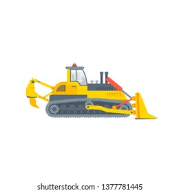 Stock vector isolated crawler or caterpillar bulldozer, dozer, tractor for excavation works illustration side view building business design element in flat style on white background