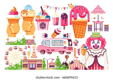 Stock vector isolated illustration business selling ice cream sale of food with machine, meal on wheels clown amusement park sweet vanilla chocolate fruit filling cafe road flat style white background