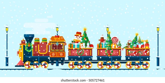 Stock Vector isolated illustration of a Christmas train with gifts, toys, sweets from Santa Claus in flat style is racing among snowdrifts, snowfall, street lamps on blue background for Happy New Year