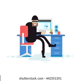 Stock Vector isolated illustration hacker sits near computer, steals data base, in black, thief stole, robber on white background, in mask, criminal