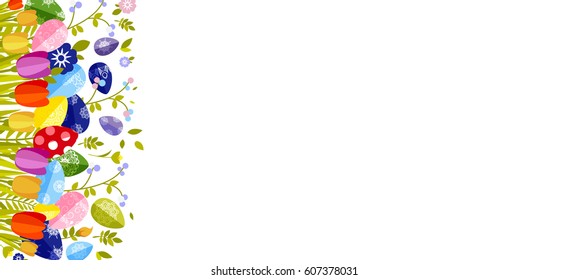 Stock vector isolated illustration Happy Easter background colored eggs, spring decoration, leave, tulip flower design element in flat style for printed material, greeting, festive card banner, flyer