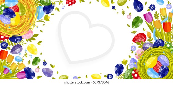 Stock vector isolated illustration Happy Easter background colored eggs, spring decoration, leave, tulip flower design element in flat style for printed material, greeting, festive card banner, flyer