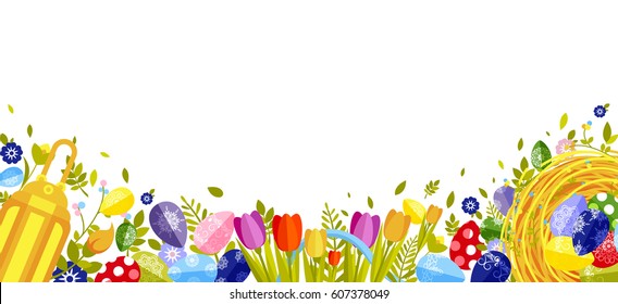 Stock vector isolated illustration Happy Easter background colored eggs, spring decoration, leave, tulip flower design element in flat style for printed material, greeting, festive card banner, flyer