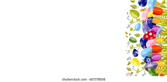 Stock vector isolated illustration Happy Easter background colored eggs, spring decoration, leave, tulip flower design element in flat style for printed material, greeting, festive card banner, flyer