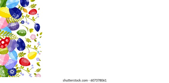 Stock vector isolated illustration Happy Easter background colored eggs, spring decoration, leave, tulip flower design element in flat style for printed material, greeting, festive card banner, flyer