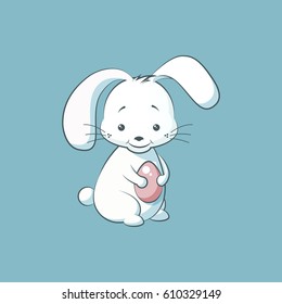 Stock Vector isolated illustration happy character white Easter Bunny holding colored egg, rabbit or hare on blue background for printed materials, postcard greeting, festive menu, card flyer, banner