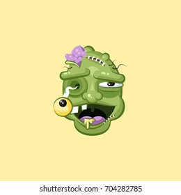 Stock vector isolated illustration horrible cartoon head, terrible facial expression smiley zombie with laughing emotion, emoji sticker for celebrating Day of all Saints, Happy Halloween in flat style
