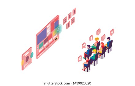 Stock vector isolated illustration  isometric business presentation white background slide graph infographics design element audience viewers listeners screen sale icons advertising politic election