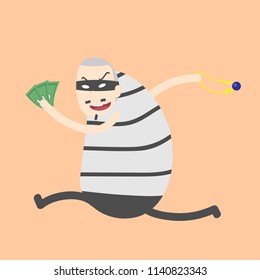 Stock Vector isolated illustration thief with money and necklace, in dark suit, stole, robber runs, on white background, in black mask, criminal in flat style