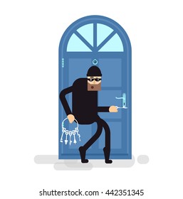 Stock Vector isolated illustration thief, burglar sneaks, attacker holding bunch of skeleton keys, robber breaks door, in black suit, on white background,  in mask, criminal