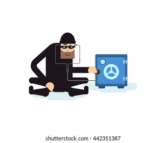 Stock Vector isolated illustration thief hacks safe, with stethoscope sitting, in black suit, stole, on white background, in mask, criminal