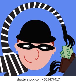 Stock Vector isolated illustration thief steals money  thief in striped suit, robber on blue background, robber in mask, criminal. vector