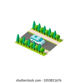 Stock vector isolated isometric front right view light blue minibus small bus car rides traveling along road, city urban infrastructure element logistics, transportation, travel, trip white background