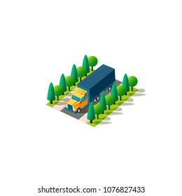 Stock vector isolated isometric icon front left view van wagon, truck, carriage of goods, transportation vehicle, trucking industry city urban infrastructure element logistics, white background
