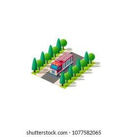 Stock vector isolated isometric icon front left view red car fire service, water engine vehicle rides alone on road between trees urban city infrastructure element on white background