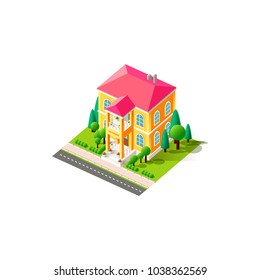 Stock vector isolated isometric illustration facade of yellow apartment country house architecture vacation home, penthouse, cottage near road city infrastructure element icon white background