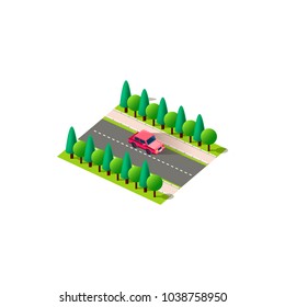 Stock vector isolated isometric illustration front view red passenger car, sedan rides traveling along road, city urban infrastructure element logistics, transportation, travel, trip white background