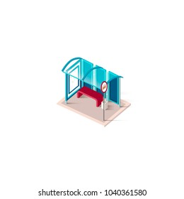 Stock vector isolated isometric illustration blue bus station or trolleybus, public transport stop city town urban infrastructure element icon on white background