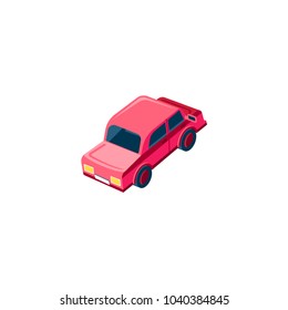 Stock vector isolated isometric illustration back view red passenger car, sedan rides traveling city urban infrastructure element logistics, transportation, travel, trip on white background