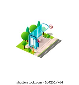 Stock vector isolated isometric illustration blue bus station or trolleybus, public transport stop with traffic lights near road sign city town urban infrastructure element icon white background