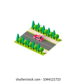 Stock vector isolated isometric illustration back view red passenger car, sedan rides traveling along road, city urban infrastructure element logistics, transportation, travel, trip white background