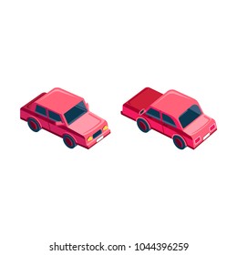 Stock vector isolated isometric illustration front left back right view red passenger car, sedan rides traveling city urban infrastructure element logistics transportation travel trip white background