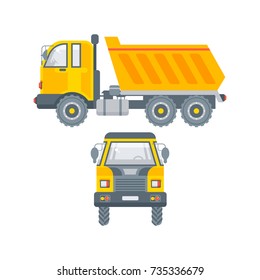 Stock vector isolated kipper truck illustration side view and front view, transportation and logistics business building materials, commercial vehicle lorry design element flat style white background