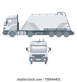 Stock vector isolated truck transportation sand, cement and loose building mixes illustration side view and front view, logistics business lorry design element in flat style on white background