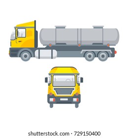Stock vector isolated truck for water transportation illustration side view and front view, logistics business building materials, truck, lorry design element in flat style on white background