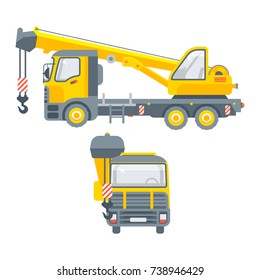 Stock vector isolated trucks with crane for building material transportation illustration side view and front view, logistics business, lorry design element in flat style on white background