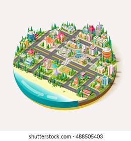 Stock Vector Isometric city business center with shops, church, school, office building, police station, hospital, drugstore, fire brigade, cafe, restaurant, Ferris wheel on the beach