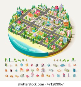 Stock Vector Isometric city business center with shops, church, school, office building, police station, hospital, drugstore, fire brigade, cafe, restaurant, Ferris wheel on the beach