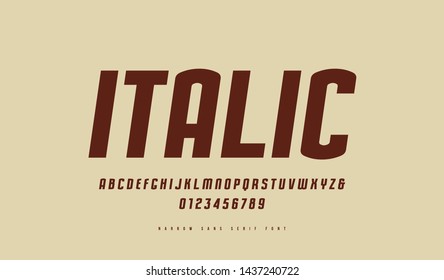 Stock vector italic narrow sans serif font. Letters and numbers for logo and label design in retro style
