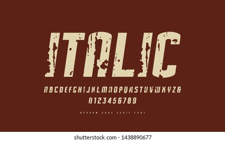 Stock vector italic narrow sans serif font. Letters and numbers with vintage texture for logo and label design in retro style