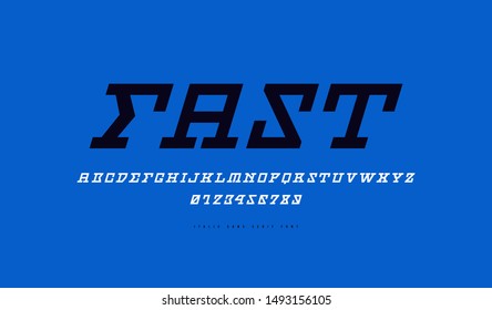 Stock vector italic slab serif font. Letters and numbers for sci-fi, movie, cyber and space logo design. Print on blue background