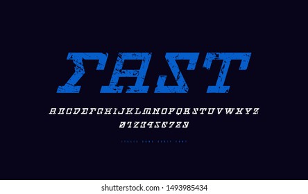 Stock vector italic slab serif font. Letters and numbers with vintage texture for logo and emblem design. Print on black background