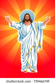 stock vector jesus christ spread out his arms in the red tunic and blue fabric