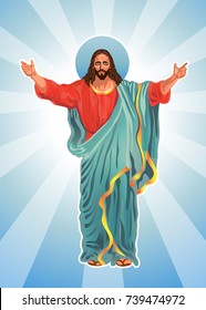 stock vector jesus christ spread out his arms in the red tunic and blue fabric