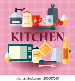 stock vector kitchen poster in flat style kitchenware icons and signs for your design