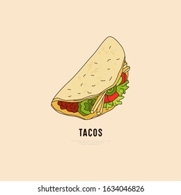 Stock vector label design for mexican food restaurant. Illustration of tacos. Color print on light background