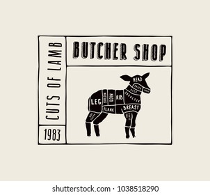 Stock vector lamb cuts diagram in the style of handmade graphics. Label template for butcher shop. Black print on light background