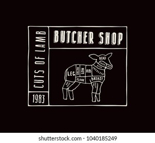 Stock vector lamb cuts diagram in the style of handmade graphics. Label template for butcher shop. White print on black background