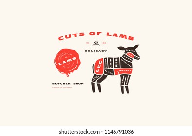 Stock vector lamb cuts diagram in flat style. Color print on white background