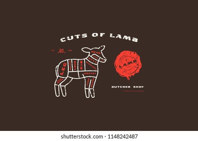 Stock vector lamb cuts diagram in thin line style. Design with rough texture. Color print on black background