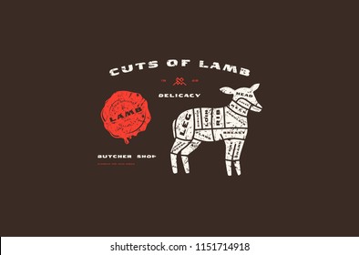 Stock vector lamb cuts diagram in flat style. Design with rough texture. Color print on black background