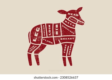 Stock vector lamb cuts diagram in flat style. Design with rough texture. Red print on light background