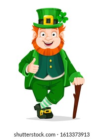 Stock vector Leprechaun cartoon character. Happy St Patrick's day. Illustration of Leprechaun with walking cane